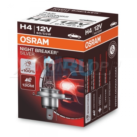 Автолампа OSRAM H4 12V 60/55W P43t +100% Night Breaker Silver (64193NBS)