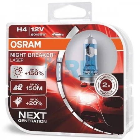 Автолампа OSRAM H4 12V 60/55W P43t +150% Night Breaker Laser (64193NL), EUROBOX-2шт