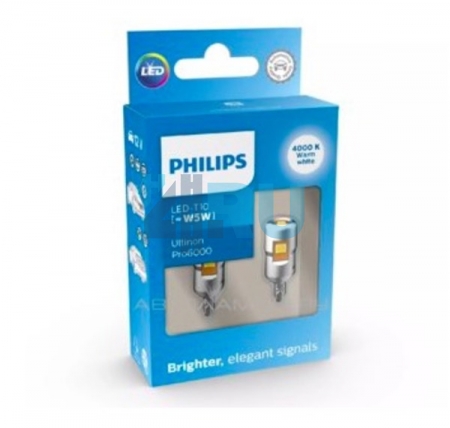 Светодиоды PHILIPS T10 12V-LED 4000K 0,9W Ultinon Pro6000 (11961WU60X2), 2шт