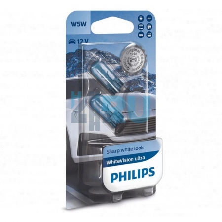 Автолампа PHILIPS W5w 12V 5W б/ц White Vision Ultra (12961WVUB2), на блистере-2шт